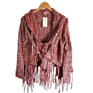 Rose Tones Loose Knit Open Cardigan‎ Long Fringe Shaggy Boho Chic Size Small/Med